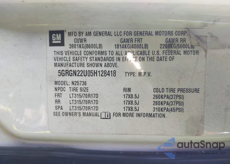 2005 Hummer H2 Sut from USA, damaged, VIN 5GRGN22U05H128418